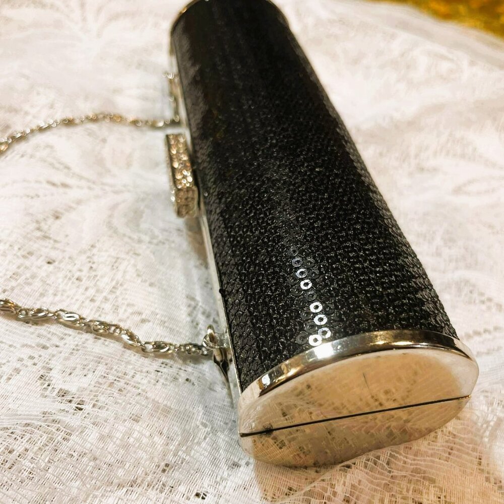 Vintage Black Sequin Cylindrical Clutch, Silver Chain, Elegant, 2000s - Picture 9 of 10